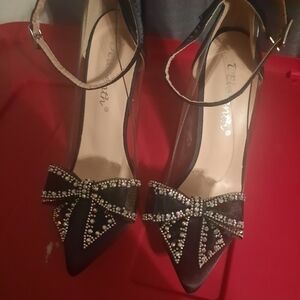 Elegant Black Satin Heels with Rhinestone Bow Brand New